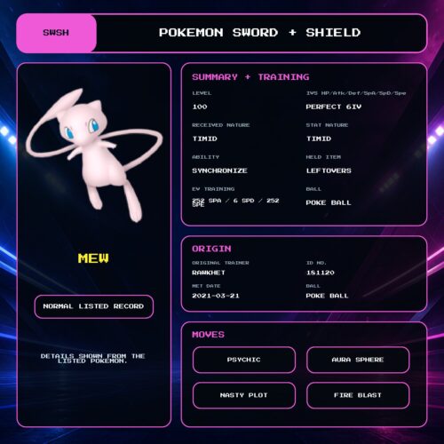 Mew details for Pokemon Sword and Shield.