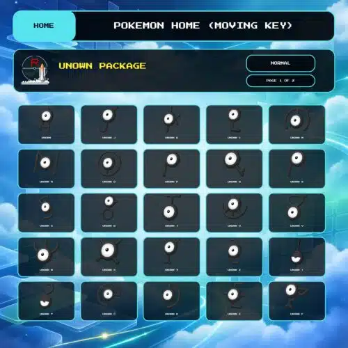 Unown Package, Normal box view for Pokemon HOME using a Moving Key.