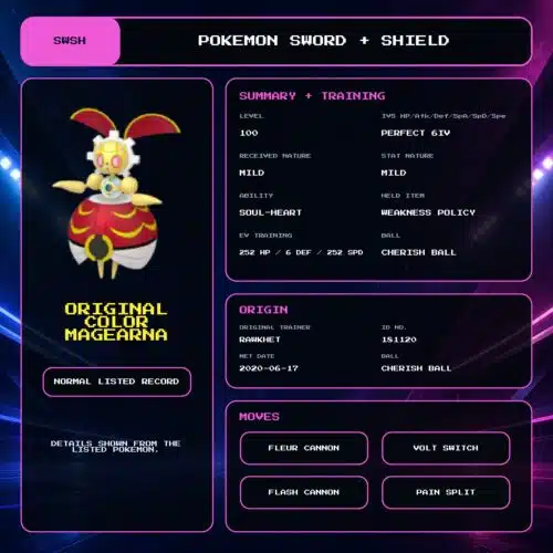 Original Color Magearna details for Pokemon Sword and Shield.