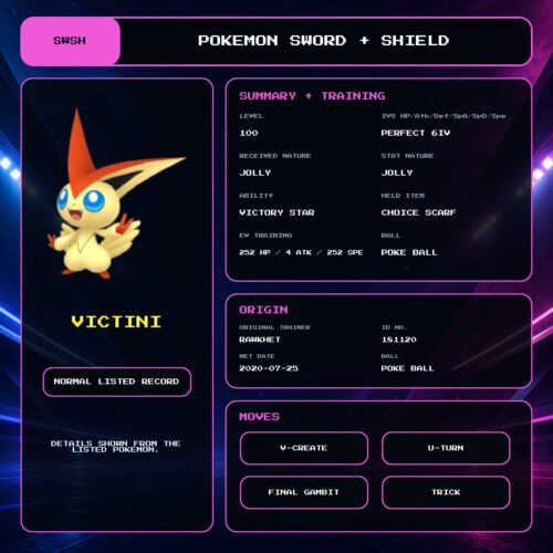 Victini details for Pokemon Sword and Shield.