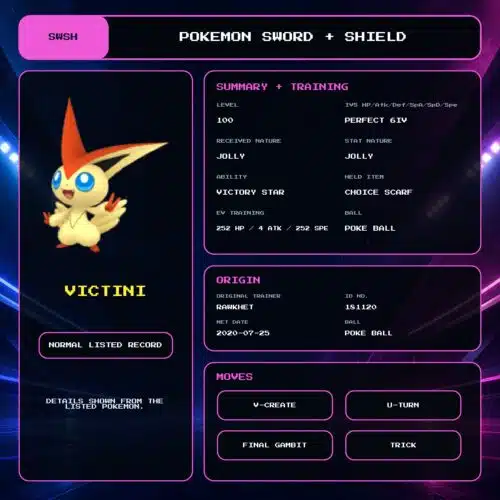 Victini details for Pokemon Sword and Shield.
