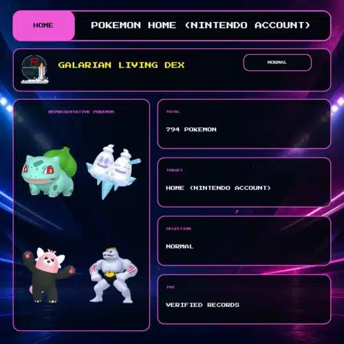 Galarian Living Dex, Normal overview for Pokemon HOME using a Nintendo Account.