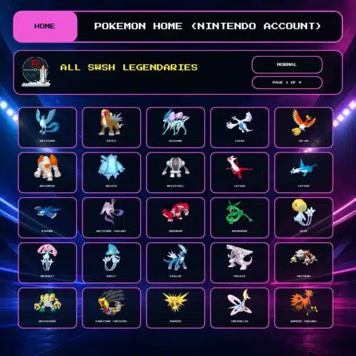 All SWSH Legendaries, Normal box view for Pokemon HOME using a Nintendo Account.
