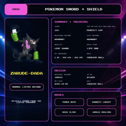 Zarude-Dada details for Pokemon Sword and Shield.