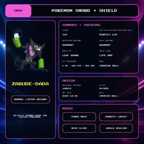 Zarude-Dada details for Pokemon Sword and Shield.