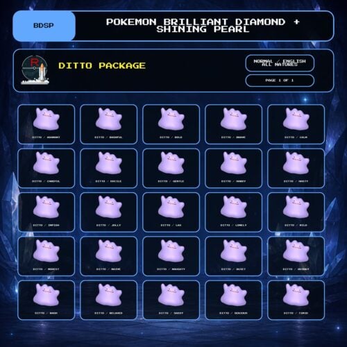 Ditto Package, Normal, English, All Natures box view for Pokemon Brilliant Diamond and Shining Pearl.