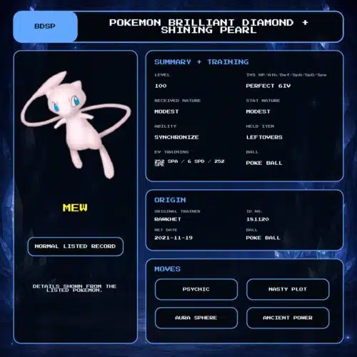 Mew details for Pokemon Brilliant Diamond and Shining Pearl.