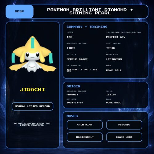 Jirachi details for Pokemon Brilliant Diamond and Shining Pearl.