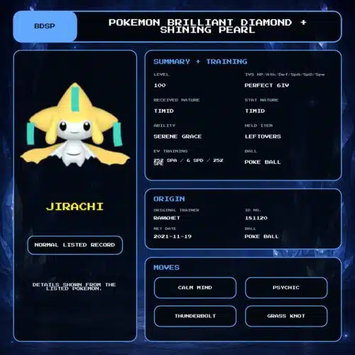 Jirachi details for Pokemon Brilliant Diamond and Shining Pearl.