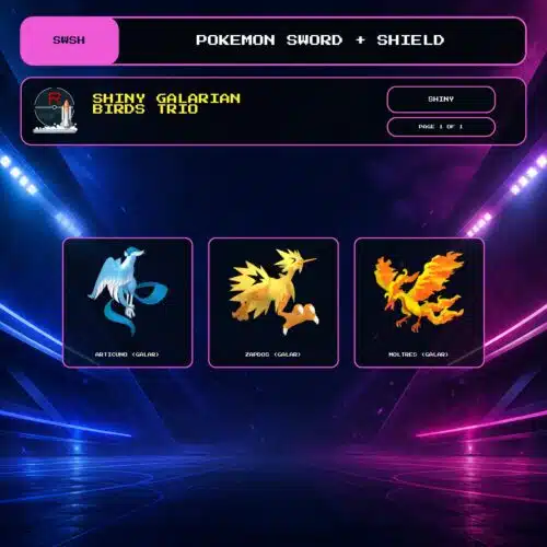 Shiny Galarian Birds Trio, Shiny box view for Pokemon Sword and Shield.