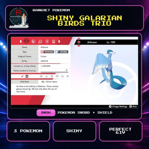 Shiny Galarian Birds Trio for Pokemon Sword and Shield.