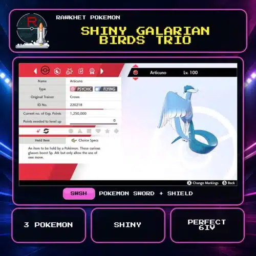 Shiny Galarian Birds Trio for Pokemon Sword and Shield.