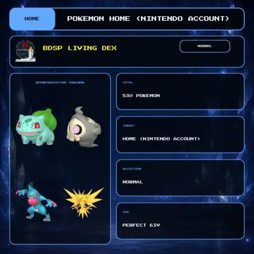 BDSP Living Dex, Normal overview for Pokemon HOME using a Nintendo Account.