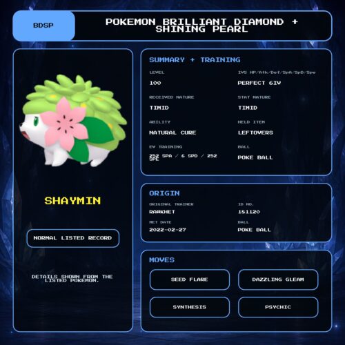 Shaymin details for Pokemon Brilliant Diamond and Shining Pearl.