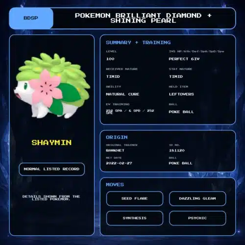 Shaymin details for Pokemon Brilliant Diamond and Shining Pearl.