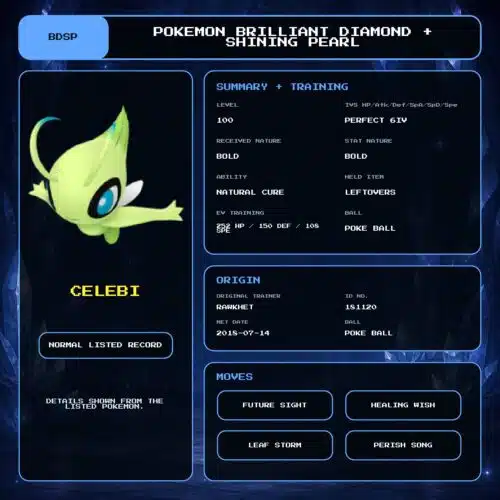 Celebi details for Pokemon Brilliant Diamond and Shining Pearl.
