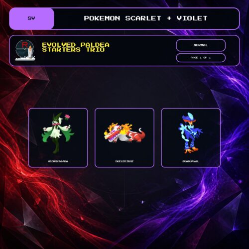 Evolved Paldea Starters Trio, Normal box view for Pokemon Scarlet and Violet.