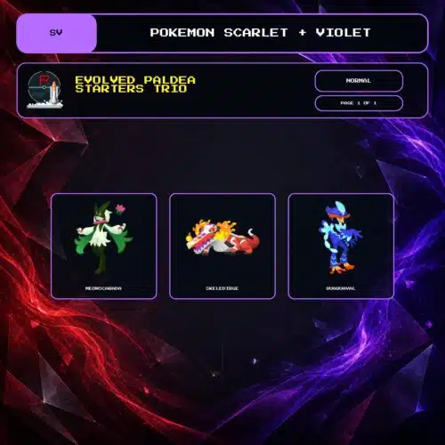 Evolved Paldea Starters Trio, Normal box view for Pokemon Scarlet and Violet.