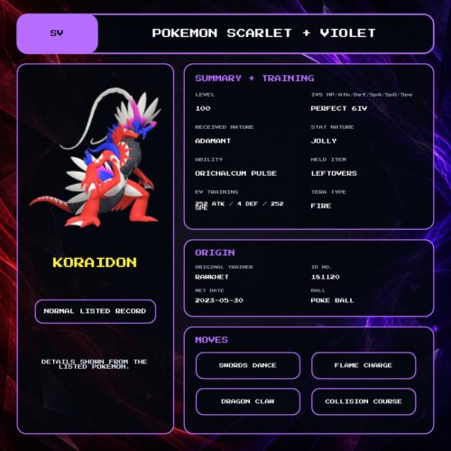 Koraidon details for Pokemon Scarlet and Violet.