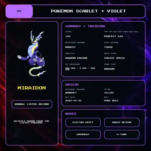 Miraidon details for Pokemon Scarlet and Violet.