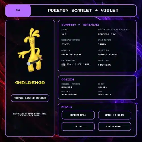 Gholdengo details for Pokemon Scarlet and Violet.