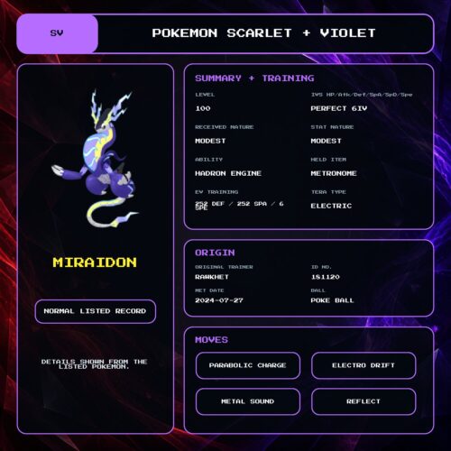 Miraidon details for Pokemon Scarlet and Violet.