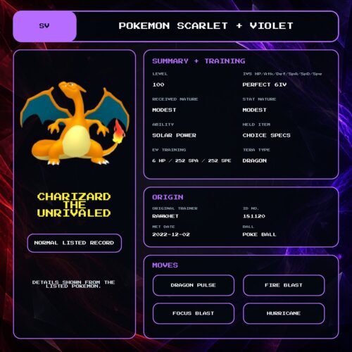 Charizard The Unrivaled details for Pokemon Scarlet and Violet.