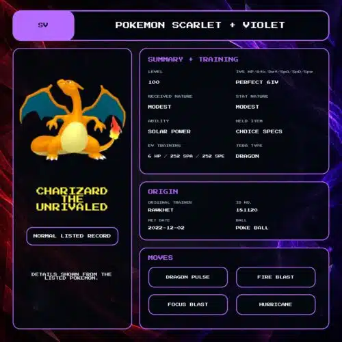Charizard The Unrivaled details for Pokemon Scarlet and Violet.