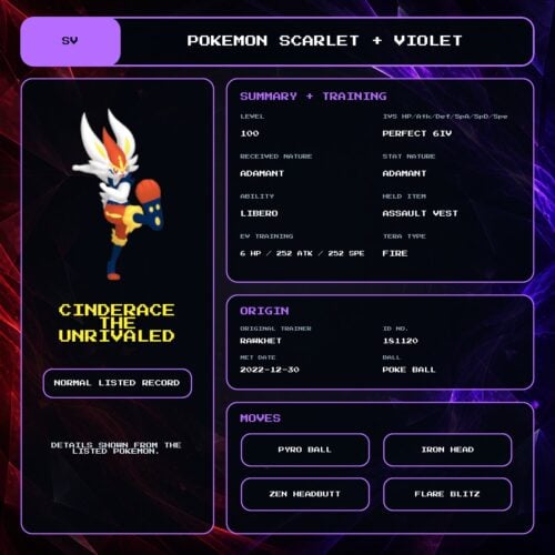 Cinderace The Unrivaled details for Pokemon Scarlet and Violet.