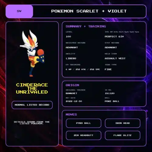 Cinderace The Unrivaled details for Pokemon Scarlet and Violet.