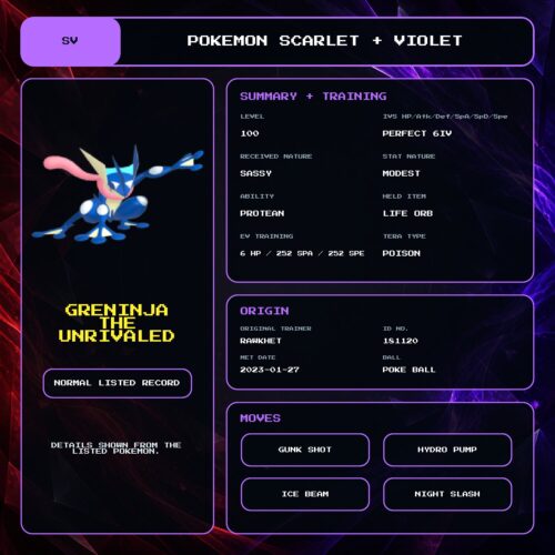 Greninja The Unrivaled details for Pokemon Scarlet and Violet.