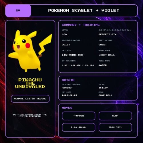 Pikachu The Unrivaled details for Pokemon Scarlet and Violet.