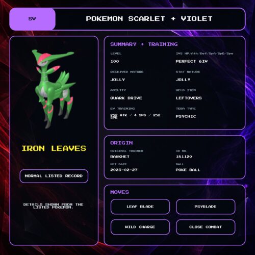 Iron Leaves details for Pokemon Scarlet and Violet.