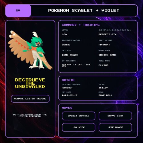 Decidueye The Unrivaled details for Pokemon Scarlet and Violet.