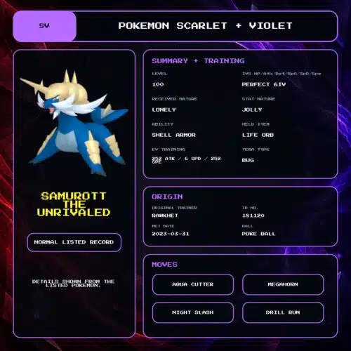 Samurott The Unrivaled details for Pokemon Scarlet and Violet.