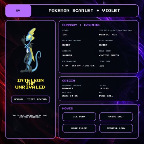 Inteleon The Unrivaled details for Pokemon Scarlet and Violet.