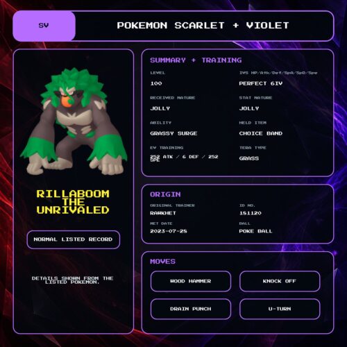 Rillaboom The Unrivaled details for Pokemon Scarlet and Violet.
