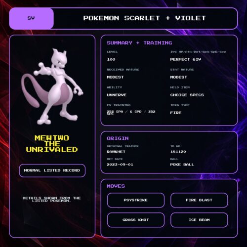 Mewtwo The Unrivaled details for Pokemon Scarlet and Violet.