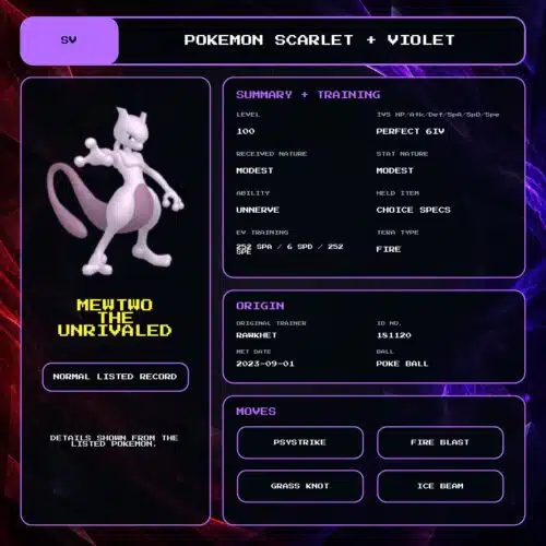 Mewtwo The Unrivaled details for Pokemon Scarlet and Violet.