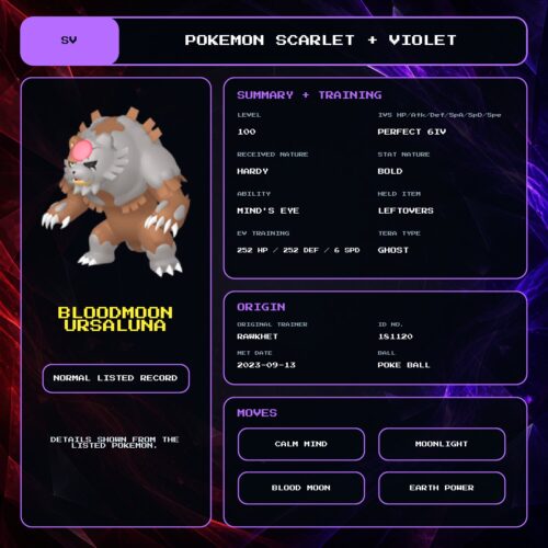 Bloodmoon Ursaluna details for Pokemon Scarlet and Violet.
