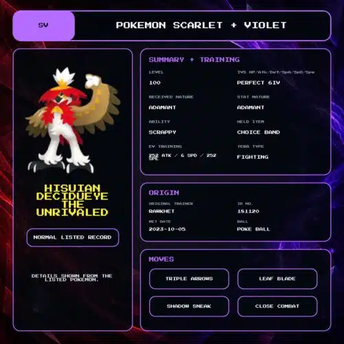 Hisuian Decidueye The Unrivaled details for Pokemon Scarlet and Violet.