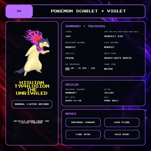 Hisuian Typhlosion The Unrivaled details for Pokemon Scarlet and Violet.