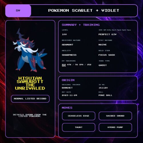 Hisuian Samurott The Unrivaled details for Pokemon Scarlet and Violet.