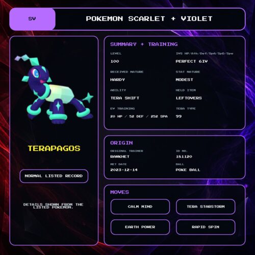 Terapagos details for Pokemon Scarlet and Violet.
