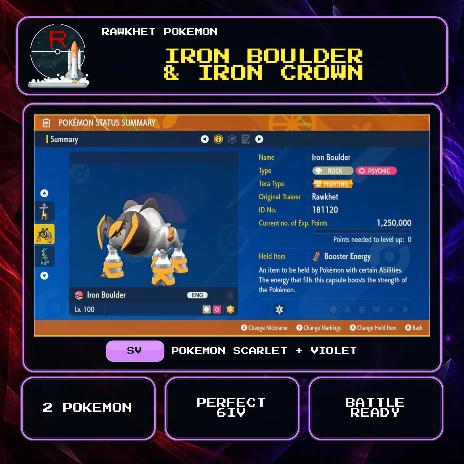 Iron Boulder & Iron Crown for Pokemon Scarlet and Violet Iron Boulder & Iron Crown for Pokemon Scarlet and Violet.