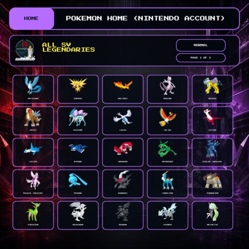 All SV Legendaries, Normal box view for Pokemon HOME using a Nintendo Account.