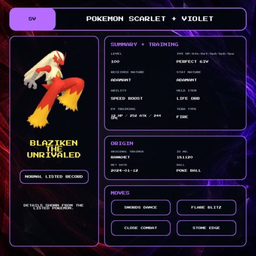 Blaziken The Unrivaled details for Pokemon Scarlet and Violet.