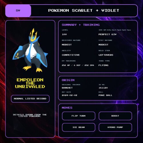 Empoleon The Unrivaled details for Pokemon Scarlet and Violet.