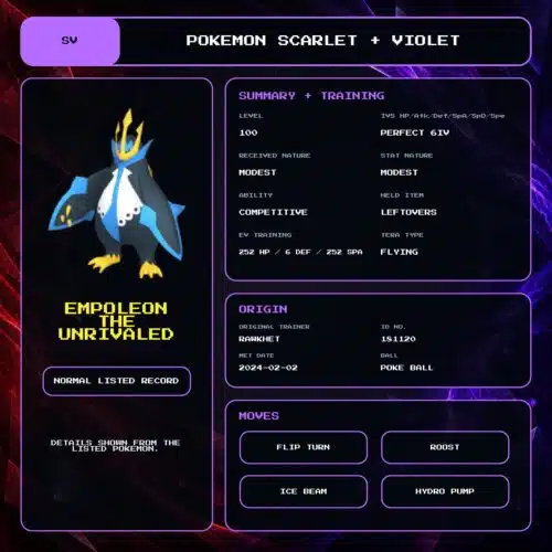 Empoleon The Unrivaled details for Pokemon Scarlet and Violet.