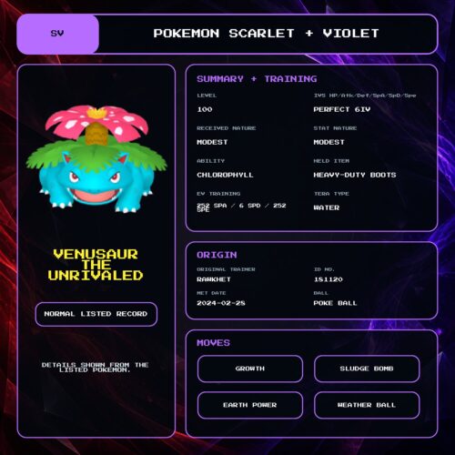 Venusaur The Unrivaled details for Pokemon Scarlet and Violet.